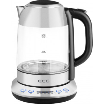 ECG RK1781 1,7l üveg/nemesacél vízforraló 40 ÉS 100 ° C KÖZÖTTI HŐMÉRSÉKLET-SZABÁLYOZÁSSAL különböző típusú teákhoz, meleg italokhoz és bébiételekhez