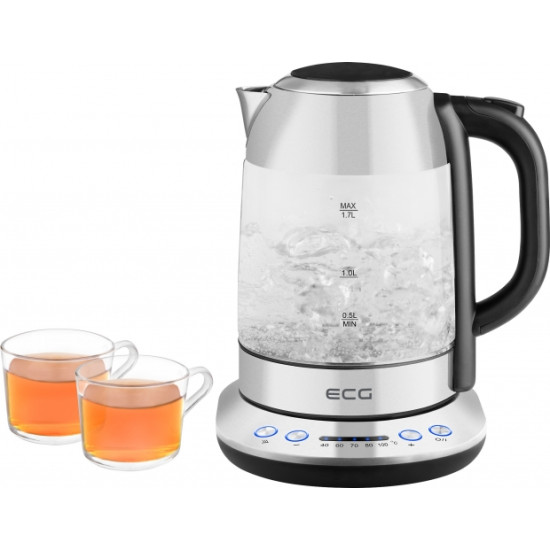 ECG RK1781 1,7l üveg/nemesacél vízforraló 40 ÉS 100 ° C KÖZÖTTI HŐMÉRSÉKLET-SZABÁLYOZÁSSAL különböző típusú teákhoz, meleg italokhoz és bébiételekhez