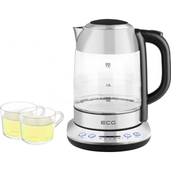 ECG RK1781 1,7l üveg/nemesacél vízforraló 40 ÉS 100 ° C KÖZÖTTI HŐMÉRSÉKLET-SZABÁLYOZÁSSAL különböző típusú teákhoz, meleg italokhoz és bébiételekhez