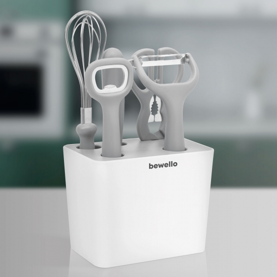 Bewello konyhai eszköz szett tartóval 5+1 részes műanyag BW1006 habverő, olló, diótörő, zöldséghámozó, sörbontó, kés