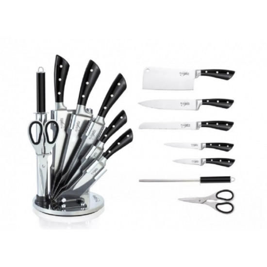 Platinum Collection PL-S09B 8 részes Professzionális késkészlet állvánnyal, fekete -fehér pöttyök