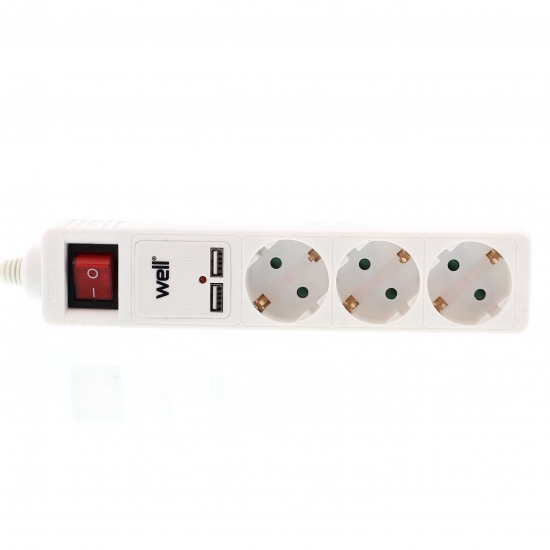 Well EXTS-3S3M-USB/01-WL három férőhelyes földelt kapcsolós elosztó + 2x USB