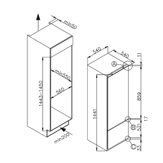 Amica BK2265.4 beépíthető kombinált alulfagyasztós hűtőszekrény, 162/50L, 54x54x144 cm 