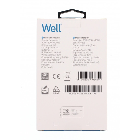 Well MOUSE-WLESS-MW101BK-WL, Vezeték nélküli Optikai egér