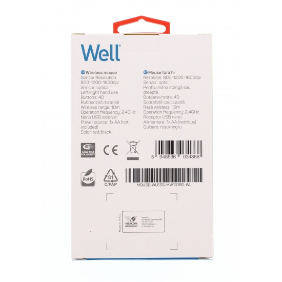 Well MOUSE-WLESS-MW101RD-WL, Vezeték nélküli Optikai egér