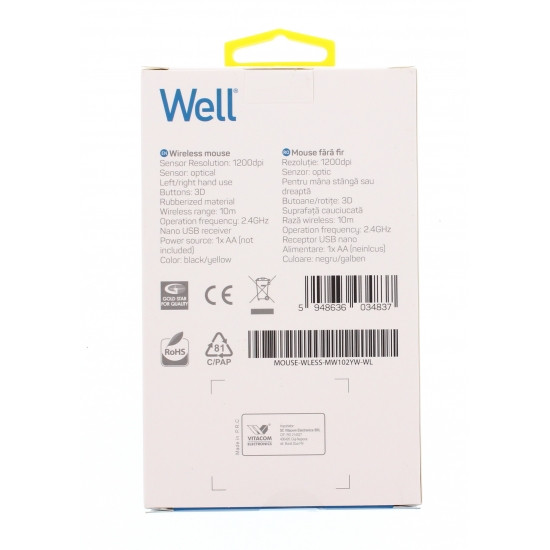 Well MOUSE-WLESS-MW102YW-WL, Vezeték nélküli Optikai egér