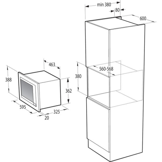 Gorenje BM201AG1X beépíthető mikrosütő, 800W, 20L, 59.5x32.5x38.8 cm, inox