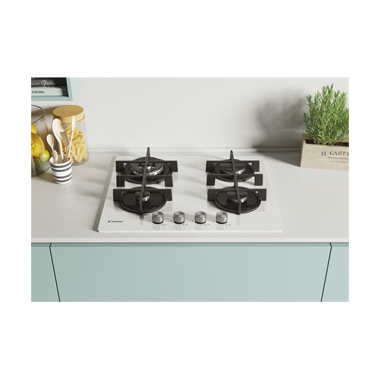 Candy CVG6BR4WPW beépíthető gázfőzőlap üveg lappal fehér szín, edzett üveg 4 zóna, öntöttvas rács