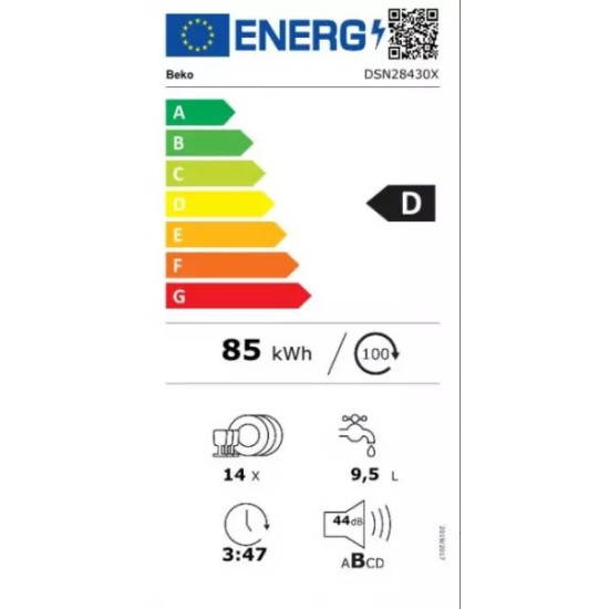 Beko DSN28430X beépíthető kezelőpaneles inox mosogatógép, 14 terítékes 