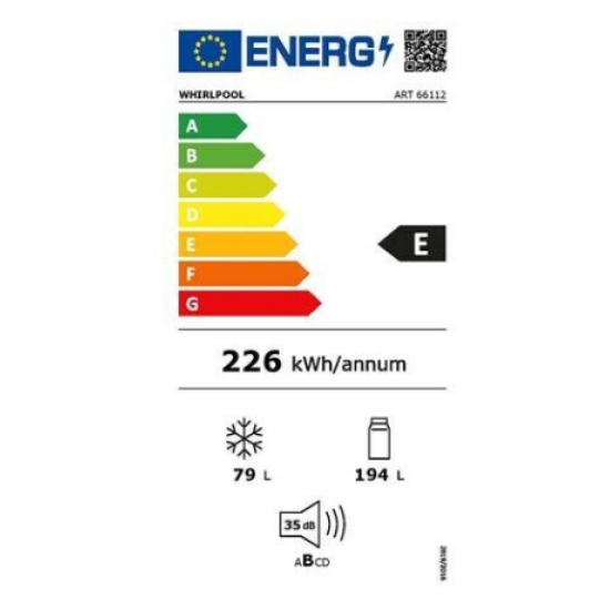 Whirlpool ART 66112 beépíthető alulfagyasztós kombinált hűtőszekrény 177cm, elektronikus vezérlés, palacktartó polccal,inverter kompresszor, 194/79L