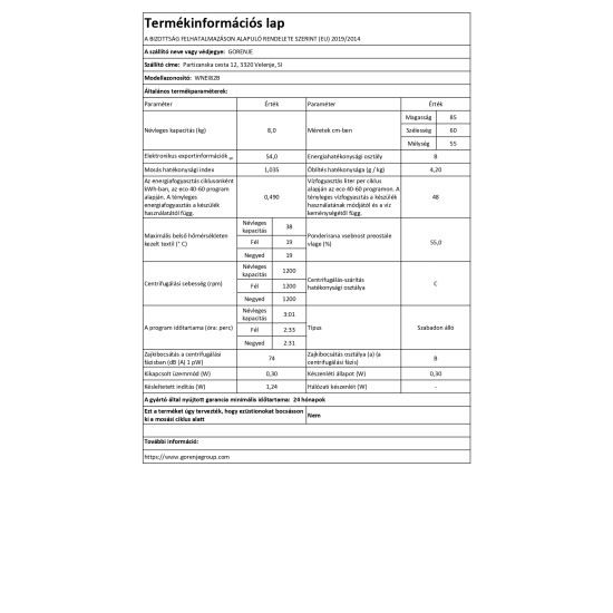 Gorenje WNEI82B elöltöltős mosógép inverter motor, gőz program,8kg, 60x54.5x85 cm 