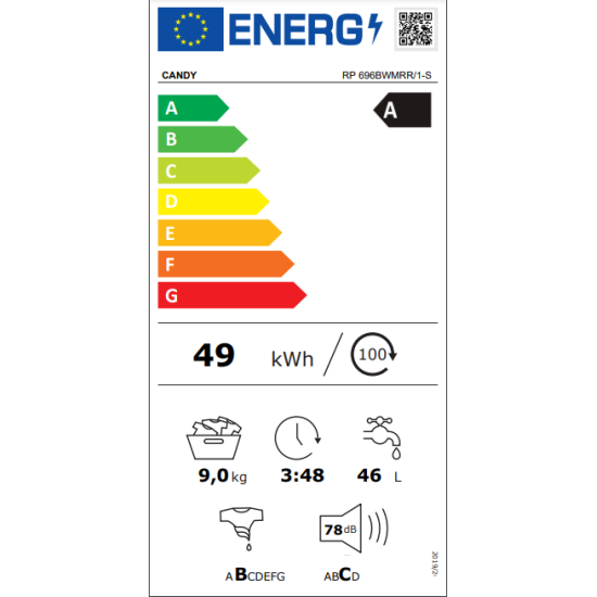 Candy RP 696BWMRR/1-S Rapidó PRO elöltöltős mosógép, 9kg, antracitszürke, 53 cm mélység, gőzfunkció, inverter motor, RP696BWMRR/1-S, 60x53x85cm