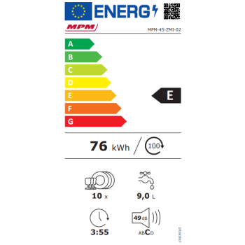 MPM MPM-45-ZMI-02 teljesen beépíthető mosogatógép 45cm 10 teríték, 3 kosaras