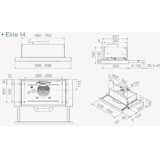 Elica PRF0037987B ELITE 14 LUX GRIX/A/50 beépíthető kihúzható konyhai elszívó,90cm széles,inox