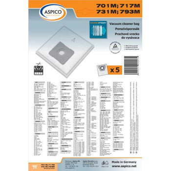 Aspico 701A mikroszűrős porzsák, Zanussi, Samsung, ETA, SENCOR porszívó kompatibilis, 5db + 1db motorfilter azonos a 701M, 717M, 731M és 793M típusú porzsákokkal