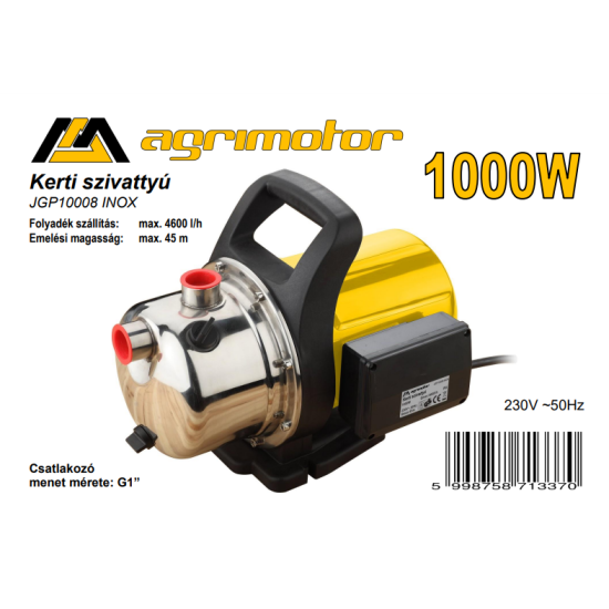 Agrimotor JGP10008 INOX kerti szivattyú, 1000 W, 4.600 l/h