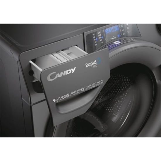 Candy RP 696BWMRR/1-S Rapidó PRO elöltöltős mosógép, 9kg, antracitszürke, 53 cm mélység, gőzfunkció, inverter motor, RP696BWMRR/1-S, 60x53x85cm