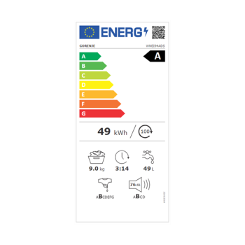 Gorenje WNEI94ADS elöltöltős mosógép 9kg 1400fordulat gőz funkcióval, inverter motor, 60x61x85 cm 