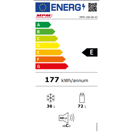 MPM 114cm magas alulfagyasztós kombinált hűtőszekrény MPM-108-KB-43, 114 x 48 x 49 cm, E energiaosztály