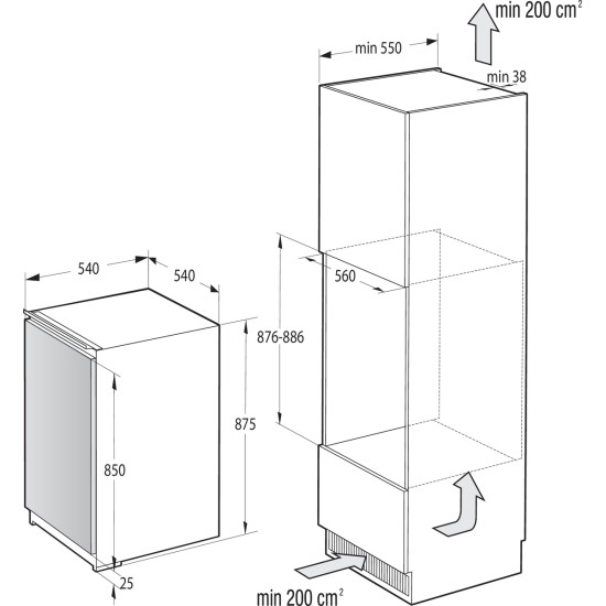 Gorenje RBI409EP1 beépíthető egyajtós hűtőszekrény fagyasztóval,104/14L,85cm magas 