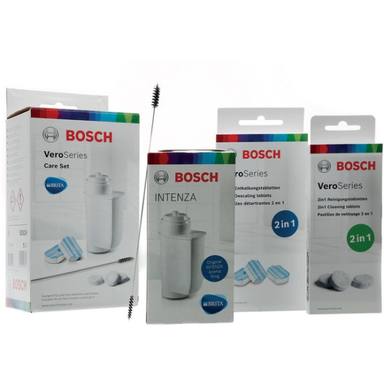 Bosch TCZ8004 karbantartó készlet 10 db tisztító tabletta, 3 db vízkőoldó, 1 db BRITA Intenza vízszűrő, 1 db speciális tisztítókefét a tejszívó csőhöz