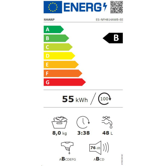 Sharp ES-NFH814AWBEE elöltöltős mosógép 8kg inverter motor,ESNFH814AWBEE, 59.7x52.7x84.5 cm 