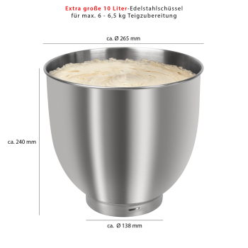 Clatronic KM 3765 piros robotgép 1500W extra nagy, 10 literes rozsdamentes acél tál 6-6,5kg tészta elkészítéséhez