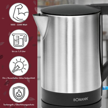 Bomann WKS 3002 CB  vízforraló 1.5l rozsdamentes acél ház, fekete