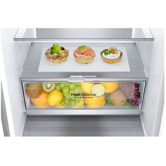 LG GBB92STABP alulfagyasztós kombinált hűtőszekrény, inox, 59,5 x 203 x 67,5 cm, lineáris inverter kompresszorral, 384L, 2 zöldség/gyümölcs tároló rekesszel