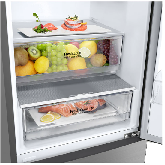 LG GBP62PZNCC1 alulfagyasztós kombinált hűtőszekrény,384L,59,5 x 203 x 67,5 cm, inox, 2 zöldség/gyümölcs tároló rekesszel, Smart Inverter Kompresszorral,