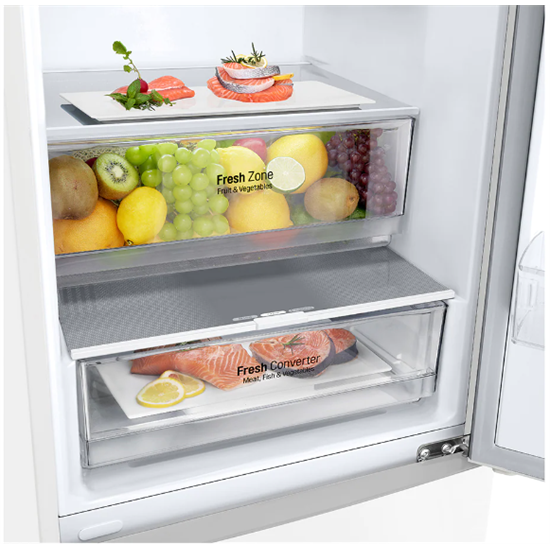 LG GBP62SWXCC1 alulfagyasztós kombinált hűtőszekrény, 59,5 x 203 x 67,5 cm, Smart Inverter Kompresszor, 384L, 2 zöldség/gyümölcs tároló rekesszel