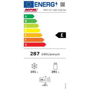 MPM side by side hűtőszekrény fagyasztóval MPM-427-SBS-05W/AA,442L, 177 x 90 x 59 cm, Full No Frost 