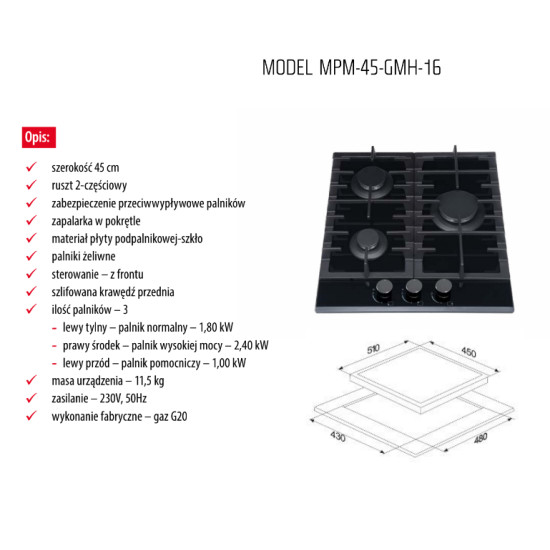 MPM MPM45 GMH16 45cm-es beépíthető gáz főzőlap MPM-45-GMH-16