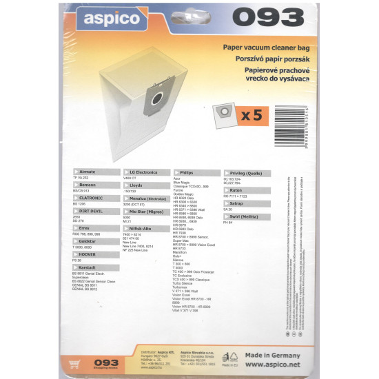 Aspico 093 - 5 db porzsák Menalux 2300, Clatronic, Bomann stp típusokhoz