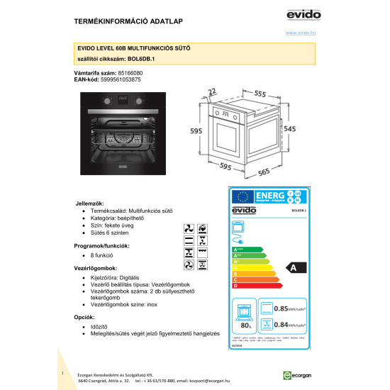 Evido LEVEL 60B fekete BOL6DB.1 beépíthető sütő