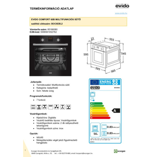 Evido Comfort 60W fekete beépíthető sütő BOC6DB.2