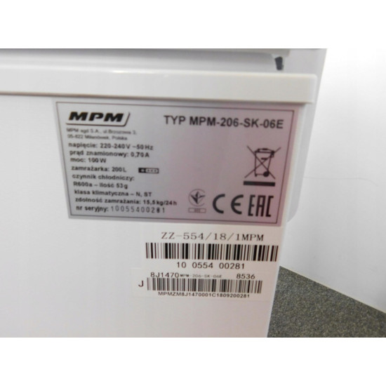 MPM MPM-206-SK-06E fagyasztóláda 198l kulcsra zárható  85 x 91 x 55 cm, -15 °C-on is működik, MPM206SK06E