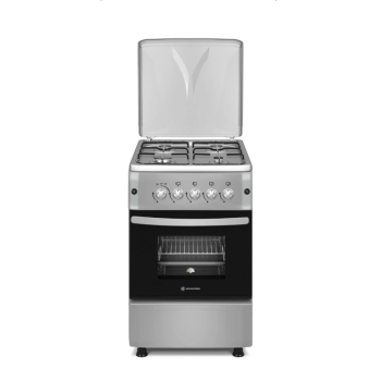 Novacook F5S40G2 INX Inox LPG gáztűzhely PB palackos felhasználásra gyártott, reduktorral tömlővel szerelt tűzhely, szikragyújtás, sütővilágítás, gáz grill, 50x55x87 cm 