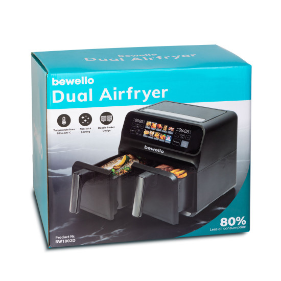 Bewello BW1002D Air Fryer 4+4 l dupla kosaras forró levegős sütő színes érintő kijelző matt fekete és szálcsiszolt rozsdamentes acél hatású burkolat 