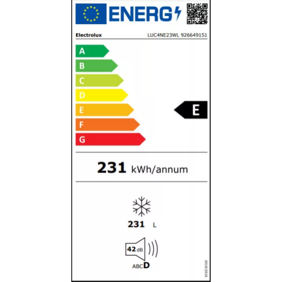 Electrolux LUC4NE23WL NoFrost fagyasztószekrény  231 l baloldai ajtónyitás, érintésvezérlés 59.5x65.5x175cm 