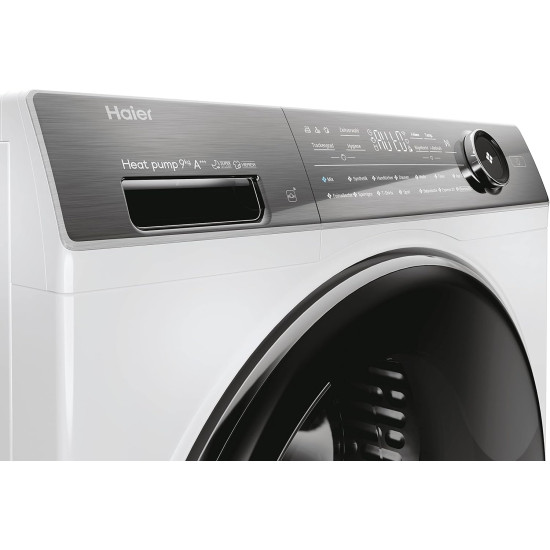 Haier HD90-A3Q979U1-S inverteres hőszivattyús szárítógép 9 Kg, A+++ Rendkívül csendes csak 59 dB Wi-Fi és hOn App/XL dob, dobvilágítás, fordítható ajtónyitás