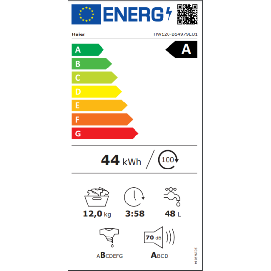 Haier HW120-B14979EU1 elöltöltős mosógép 12Kg Direct motion motor 1400f dobvilágítás, gőz, wifi 60x69x85cm