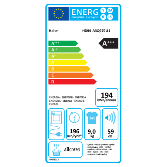 Haier HD90-A3Q979U1-S inverteres hőszivattyús szárítógép 9 Kg, A+++ Rendkívül csendes csak 59 dB Wi-Fi és hOn App/XL dob, dobvilágítás, fordítható ajtónyitás