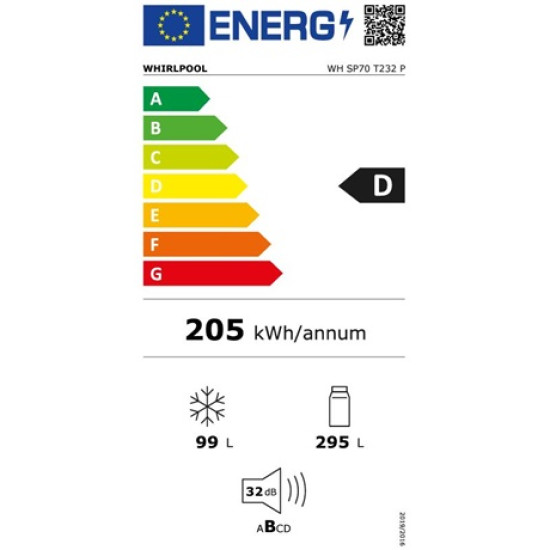 Whirlpool WH SP70 T262 P beépíthető alulfagyasztós kombinált hűtőszekrény 193cm, 295/99L, Total No Frost, 69cm szél. 