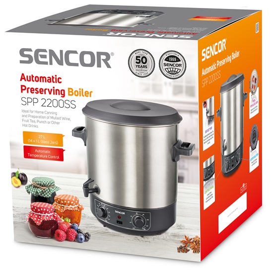 Sencor SPP 2200SS befőző edény nemesacél burkolat 27 liter 30 °C és 100 °C termosztát 1800W