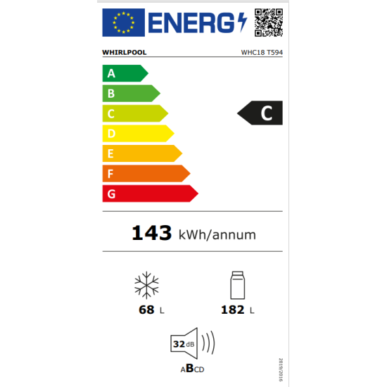 Whirlpool WHC18 T594 beépíthető Total No Frost alulfagyasztós hűtőszekrény, C ENERGIA, LED kijelző, 177x54x54,5 cm