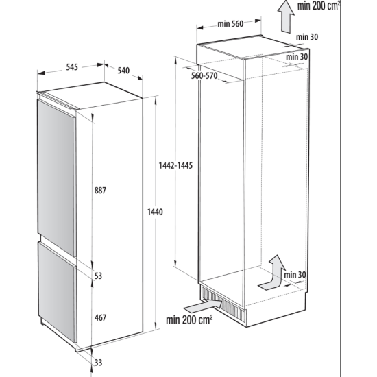 Gorenje RKI514E21 beépíthető kombinált hűtőszekrény 144 x 54 x 54 cm, inverter kompresszor, csúszó ajtózsanérral