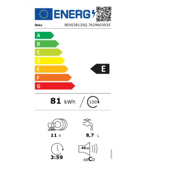 Beko BDIS38120Q keskeny beépíthető mosogatógép 11 teríték, 44.8x55x81.8 cm