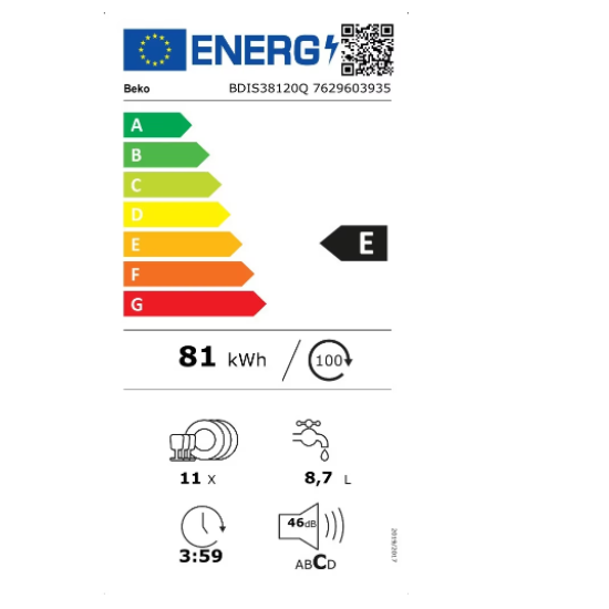 Beko BDIS38120Q keskeny beépíthető mosogatógép 11 teríték 3 kosár