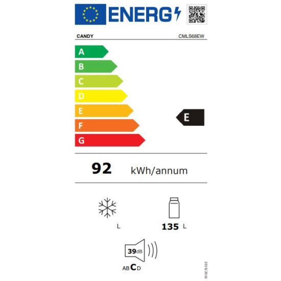 Candy CMLS68EW pult alá építhető egyajtós hűtőszekrény,135L,fagyasztóval,82cm magas